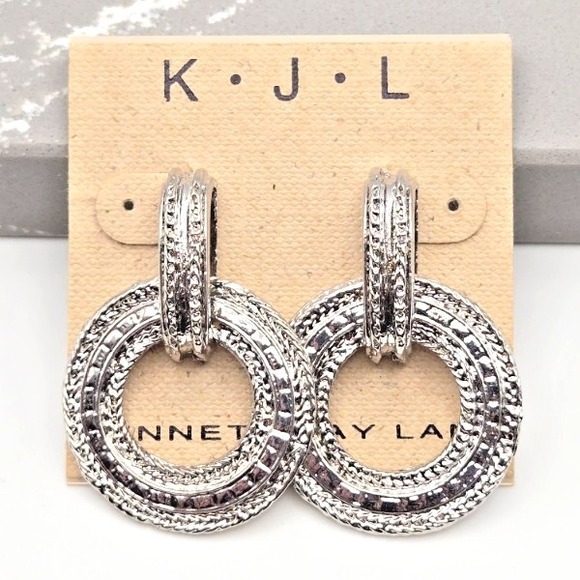 Kenneth Jay‎ Lane Textured Silver Tone Circle Drop Post Earrings Door Knockers - Picture 2 of 4
